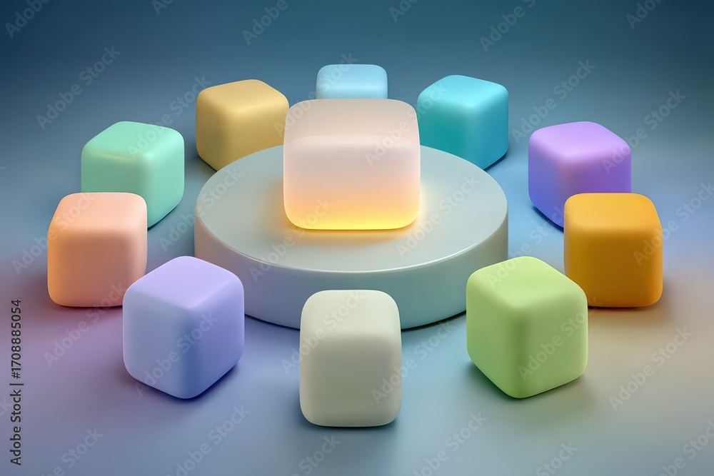Poster geometric harmony with pastel-colored cubes radiating illumination and creating a captivating visual