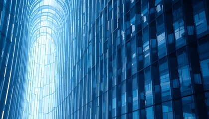 Futuristic abstract design of overlapping metallic blue blades, sharp edges, glossy reflections, modern digital sculpture, minimalist geometry, precise lines, futuristic lighting.