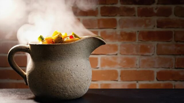 Ceramic jug of meat stew with vegetables on brick wall.