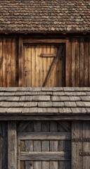 Naklejka premium Rustic wooden building facade with aged shingles and doors