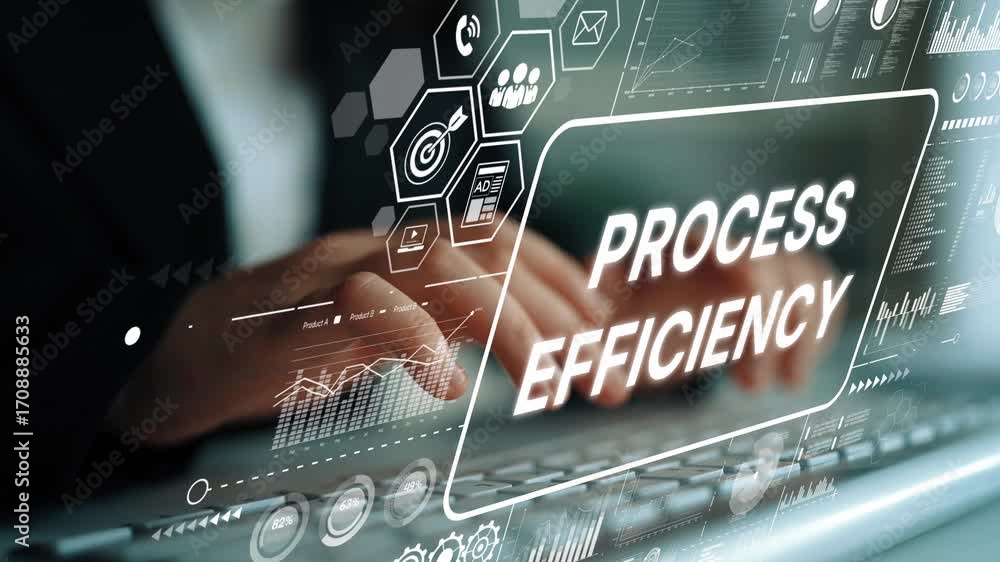 Poster professional hands typing on a keyboard with digital graphics emphasizing process efficiency and dat