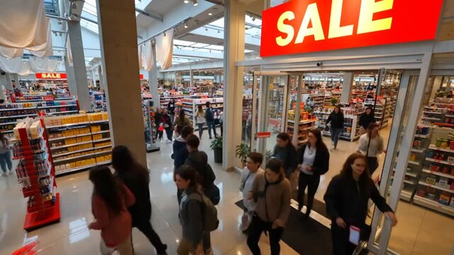 Shoppers Flock to Massive Sale Event, Entering Brightly Lit Retail Store with "SALE" Signs