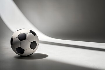 A soccer ball sits on a white surface with a beam of light shining on it