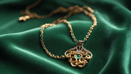 Gold chain necklace with ornate emerald pendant rests on deep green silk fabric, showcasing intricate details and luxurious texture