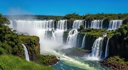 Obraz premium Majestic Iguazu Falls cascading over lush green cliffs under a clear blue sky.