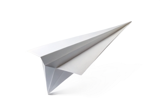 Minimalist white paper airplane flying against black abstract background isolated on transparent background