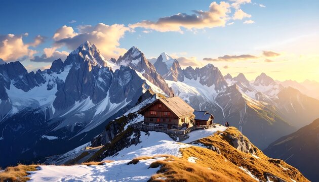 Alpine chalet nestled in a snow-capped mountain range at sunrise