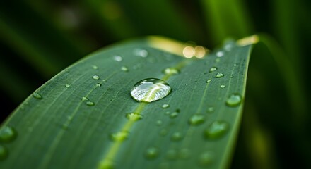 A green leaf holds several water droplets with a large droplet in focus