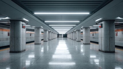 Empty subway station with symmetrical architecture and bright lighting.