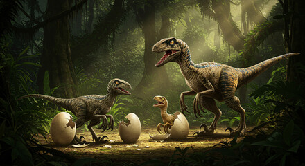 Prehistoric family moment an adult dinosaur guards its hatching offspring, with a young dinosaur observing in a primeval jungle