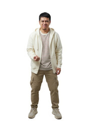 Frustrated young man with a grimace expressing disappointment or anger while gesturing dismissively. Concept of negative reaction, objection, or bad taste.