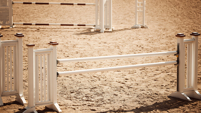 White show jumping obstacles on a sandy equestrian course