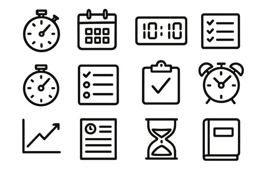 Productivity linear icon set. stopwatch, calendar, checklist, clock, graph, document, timer, book