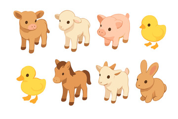Farm animals flat icon set. featuring cow, sheep, pig, chicken, horse, goat, and rabbit symbols
