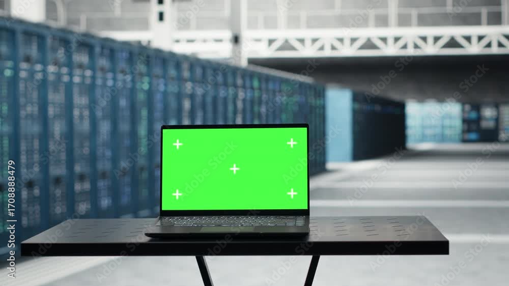 Poster close up of green screen laptop in data center used for inspecting equipment rigs, maintaining syste