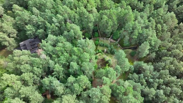 Aerial Bydgoszcz Poland German explosive factory ruins forest 1. Northern Poland. One of largest WW II Nazi German war ammunition explosive manufacturing facilities. Slave labor Jews and Polish.