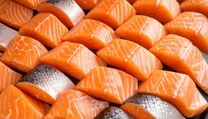 Fresh Salmon Filets: Close-up of vibrant orange salmon pieces, skin-on and skinless, arranged for display.