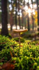 Forest mushroom at sunrise