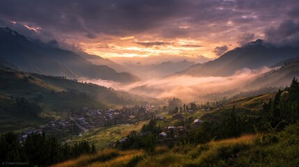 Mountain valley sunrise panorama
