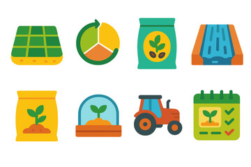 Agriculture vector icon set. featuring solar, pie chart, irrigation, seeds, greenhouse, tractor, and calendar symbols