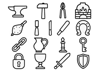 Medieval tools and symbols linear icon set. featuring anvil, hammer, forge, pliers, and key