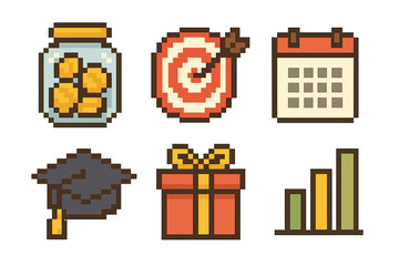 Pixel art icon set. featuring coin jar, dartboard, calendar, graduation cap, gift, and bar graph