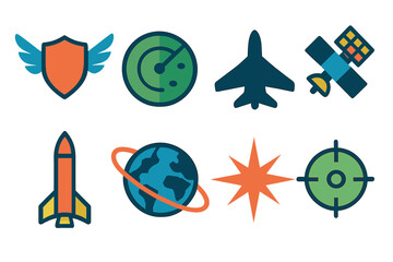 Space and aviation flat icon set. featuring shield, radar, jet, satellite, rocket, earth, star, target symbols