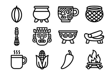 Traditional cooking linear icon set. featuring cacao, pot, mug, grinder, mask, tortilla, and fire symbols