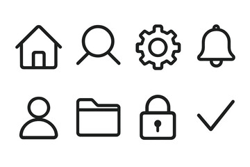 User interface linear icon set. featuring home, search, settings, notification, profile, folder, lock, and check symbols