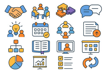 Business and communication linear icon set. featuring teamwork, strategy, planning, and presentation symbols