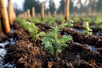 Rows of young fir trees are growing in fertile soil, supported by wooden stakes, as part of a reforestation project promoting environmental sustainability and renewal
