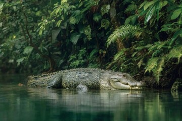 Fototapeta premium Large crocodile resting partially submerged in tranquil water, surrounded by vibrant green foliage and ferns, showcasing the biodiversity of a tropical riverbank ecosystem