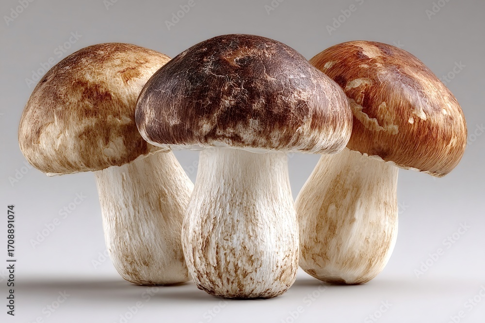 Poster three fresh mushrooms probably of the matsutake type are standing on a gray background, creating a s