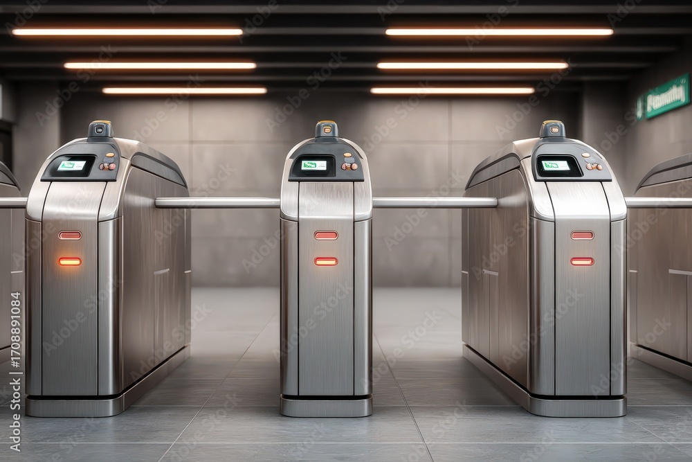 Poster modern turnstile gates in an urban transit station capturing the essence of futuristic design and te