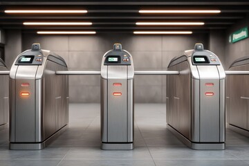 Modern turnstile gates in an urban transit station capturing the essence of futuristic design and technology-driven accessibility conveying efficiency and streamlined mobility