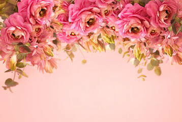 Summer blossoming delicate ranunculus on blooming flowers festive background, pastel and soft pink bouquet floral card