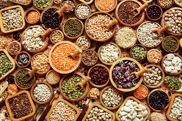 Mix of dry legume varieties: pinto and mung beans, assorted lentils, soyabean, yellow and green peas, chickpea; vegan high protein food for healthy diet