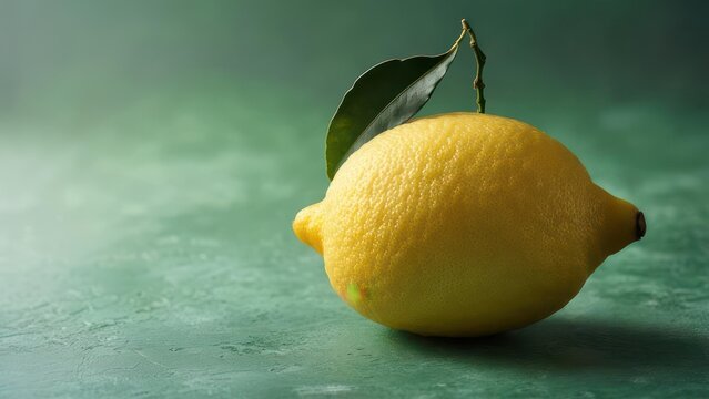 Single ripe yellow lemon rests on a dark teal surface, a single green leaf perched atop. Soft lighting creates a subtle highlight