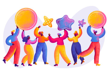 Colorful celebration with diverse people holding bright symbols