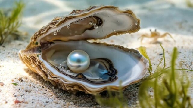 Stunning lustrous pearl revealed inside open oyster shell on sandy seabed