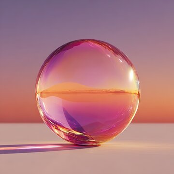 Photorealistic close-up of singular reflective bubble on minimal background, glowing ambient light, sunset orange and magenta