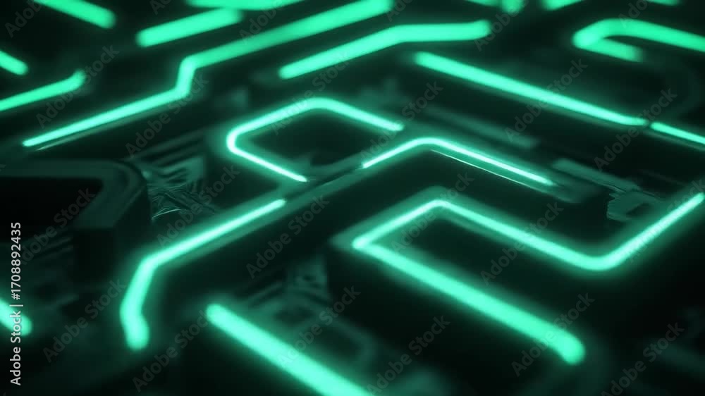 Poster glowing green circuit board abstraction, shallow depth