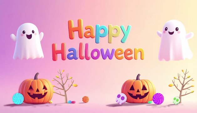 Cute 3D Halloween themed banner with friendly ghosts, carved pumpkins, and colorful candy. 'Happy Halloween' text on a gradient background. Festive design template for party invitations or posters.