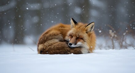 Fototapeta premium A red fox curled up asleep in the snow as snowflakes fall with a blurred forest backdrop