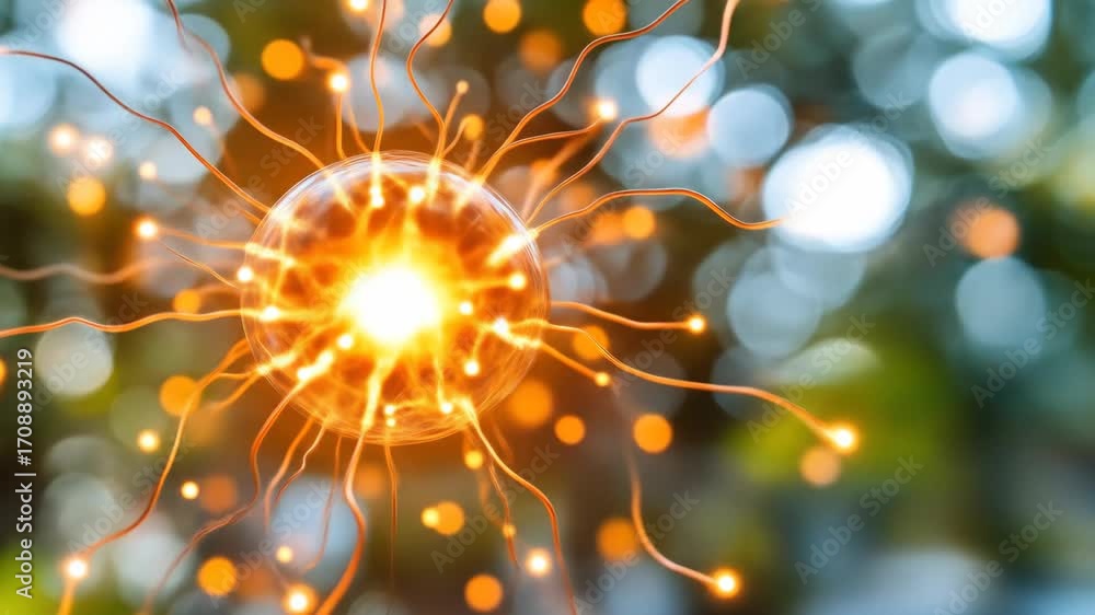 Poster glowing orb with tendrils against bokeh background