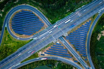 Aerial View of Highway Interchange with Solar Panels