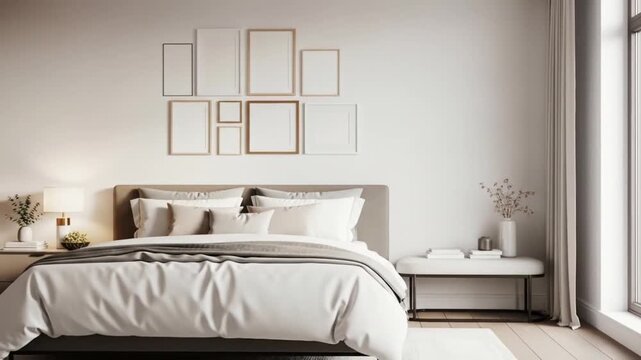 Serene modern bedroom oasis with curated art gallery wall and soft ambient lighting