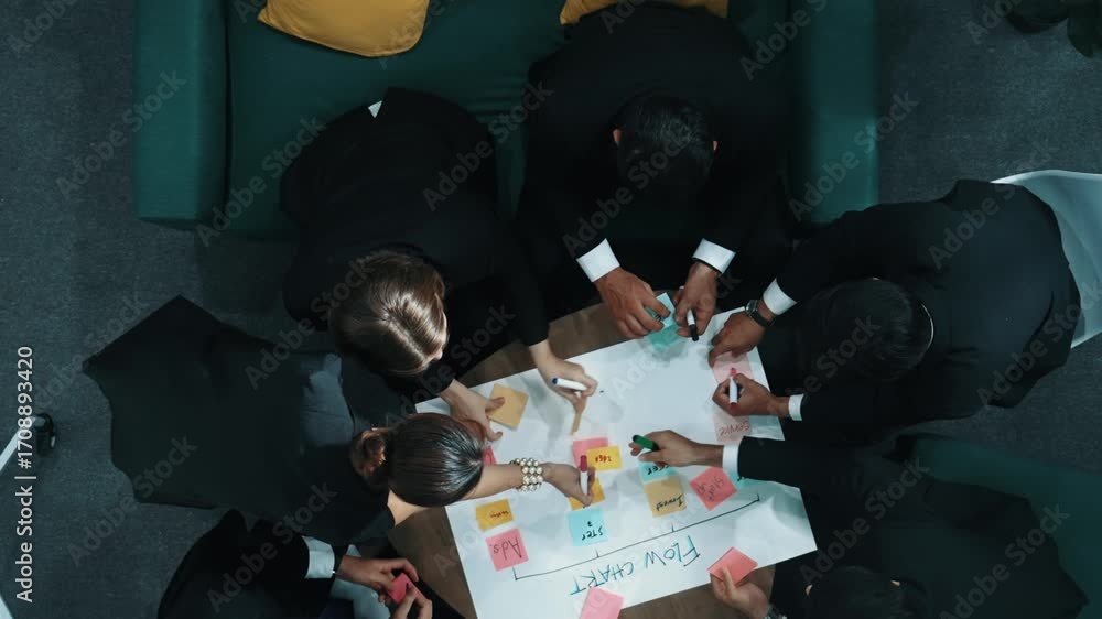 Poster Top down view of business people hands making scrum task board to manage workflow in workplace. Diverse marketing team drawing a line and use colorful stick notes to work on kanban. Directorate.