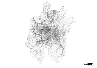A minimalist black and white vector map of Daejeon’s highways and major road networks for clear design and navigation.