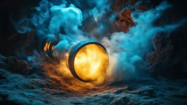 Glowing pipe amidst surreal landscape, illuminated with orange light